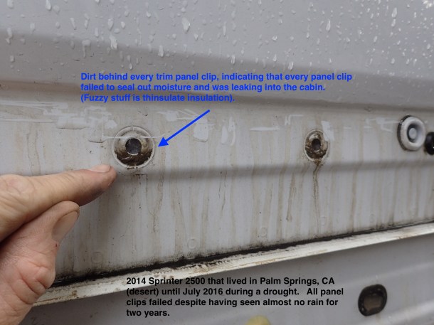 Almost 100% failure rate on the panel clips. Dirt behind the panel clip flange indicates that they have failed.